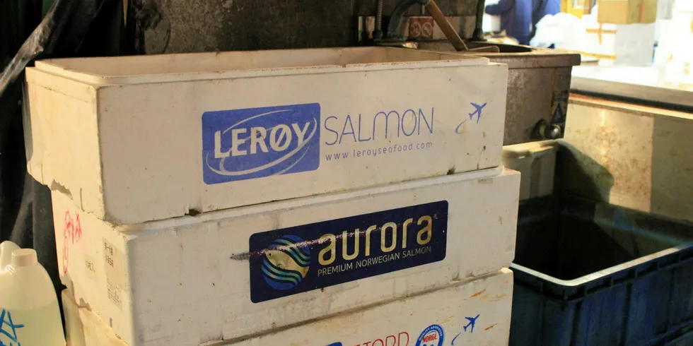 Laks fra Lerøy Aurura på fiskemarkedet Tsukiji i Tokyo.