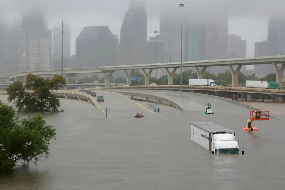 Interstate highway 45 is submerged from the effects of Hurricane Harvey seen during widespread flooding in Houston, Texas on 27 August