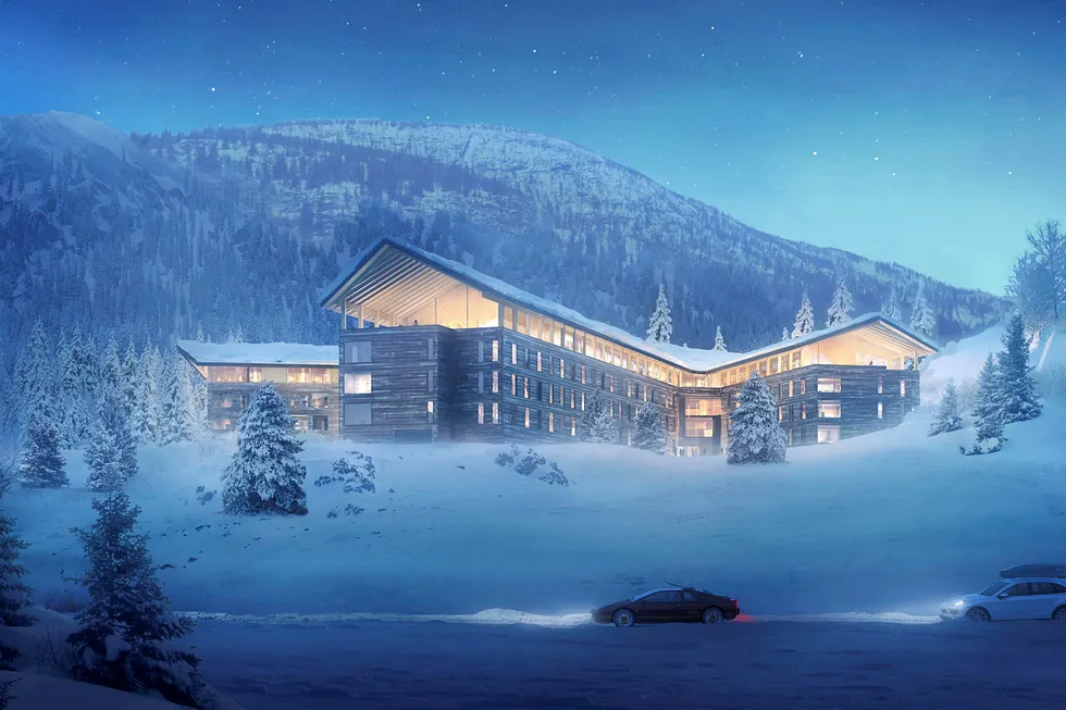 Slik tenker Anders Buchardt det nye hotellet med 150 rom i Tottenskogen i Hemsedal vil se ut. Foto: Illustrasjon: Arkitektfirma Nordic