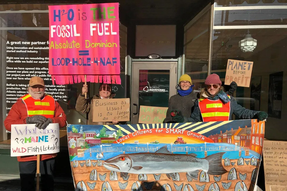 Opponents in Maine have successfully kept Nordic Aquafarms mired in legal battles since the project was announced in 2018. Pictured above: Local Citizens for SMART Growth documented protestors outside of Nordic Aquafarms' storefront in 2018.