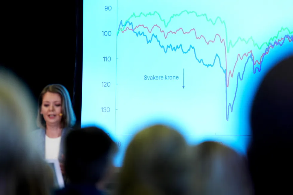 Sentralbanksjef Ida Wolden Bache snakket mye om kronekursen da hun annonserte uendret rente under Arendalsuka torsdag 15. august.