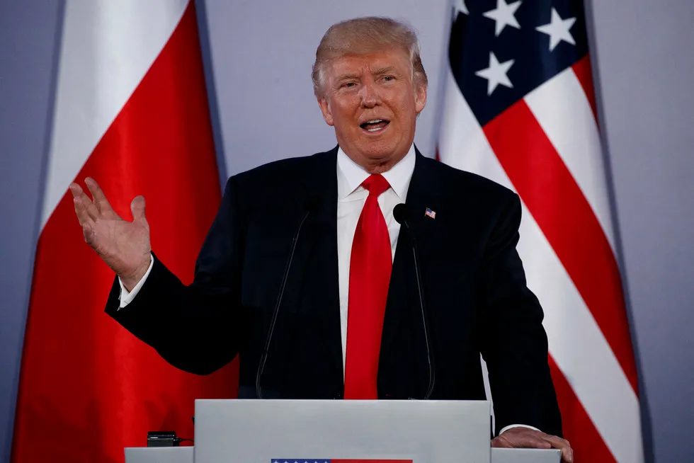 USAs president Donald Trump på en pressekonferanse i Polen torsdag. Foto: Evan Vucci / AP / NTB scanpix