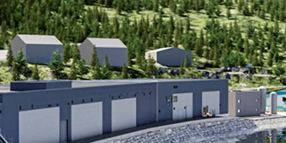 Slik blir det nye anlegget i Svelgen i Sogn og Fjordane. Eksisterende produksjonslokale til høyre og nybygget til venstre.