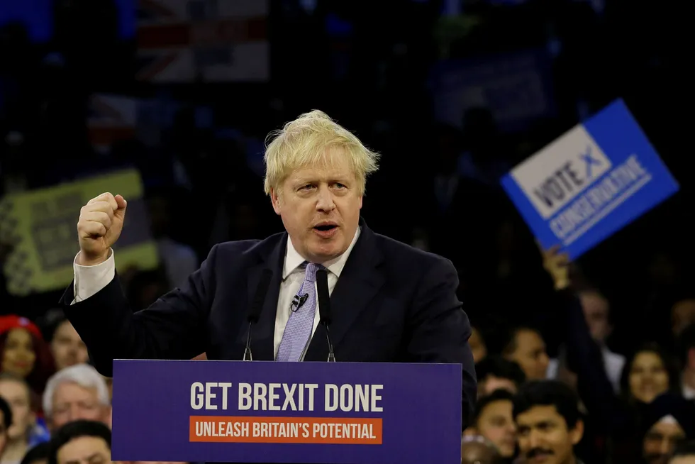 Statsminister Boris Johnson på De konservatives siste valgmøte på Copper Box Arena i London onsdag kveld.