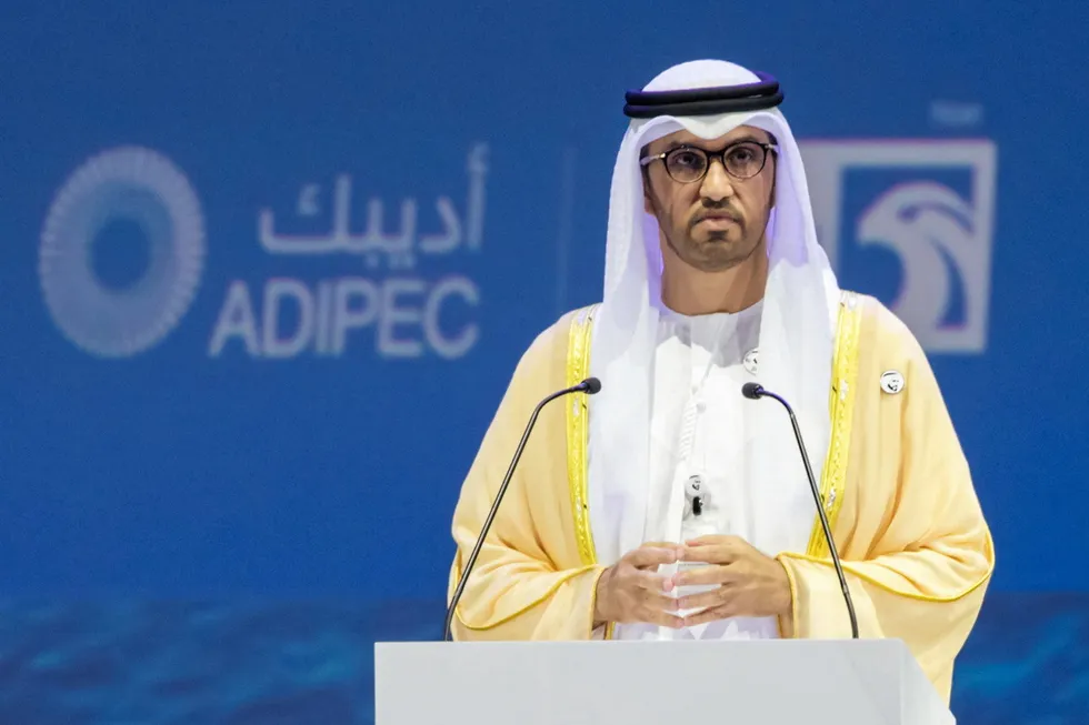 Sultan Al Jaber, CEO of Adnoc, and the president of the recent COP28 summit, pictured speaking at the Adipec conference in Abu Dhabi.