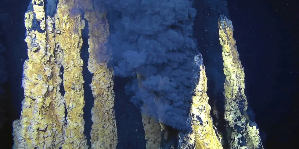 Hydrotermiske skorsteiner (av typen black smoker) ved Fåvne hydrotermale ventilasjonsfelt, ved den arktiske midthavsryggen. I kildene finner man verdifulle mineraler som kan bli utnyttet ved gruvedrift på havbunnen i fremtiden.