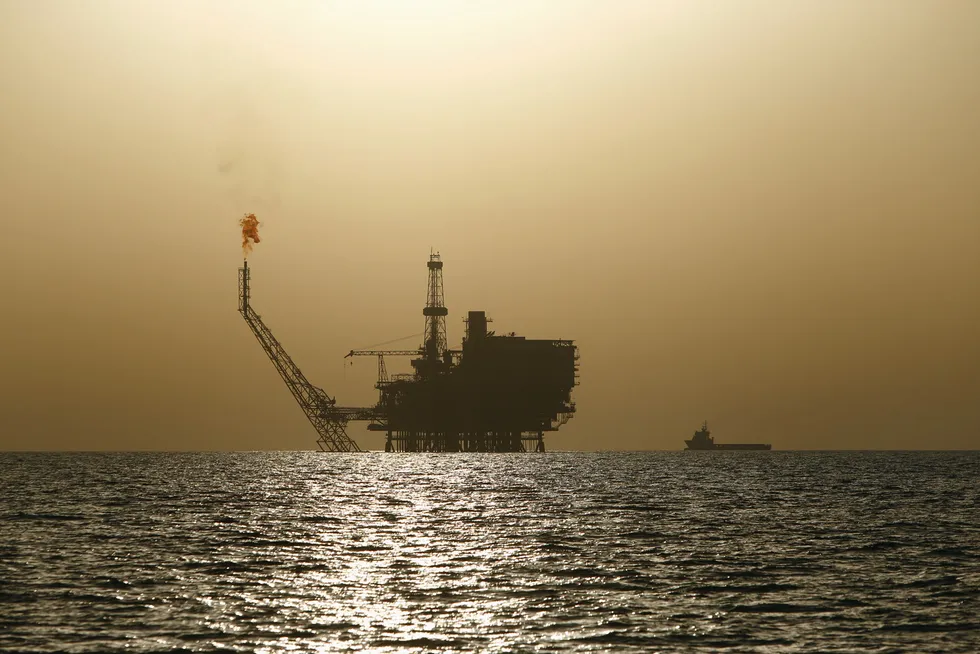 Flaring: an offshore oil platform is seen at Mellitah's Bouri field offshore Libya in 2015. The Bouri Gas Utilisation project aims to eliminate flaring of gas from the multi-platform complex