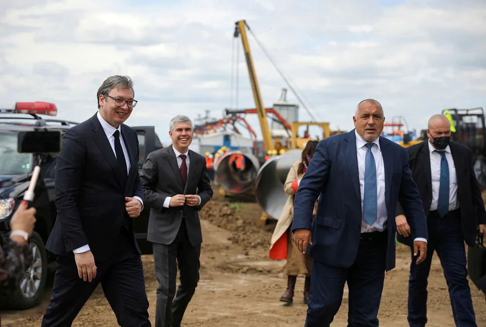 Inspection: Serbia President Alexander Vucic (left) and Bulgaria Prime Minister Boyko Borissov arrive at a construction site for the onshore extension of Russia's TurkStream gas pipeline, in Letnitsa, Bulgaria.