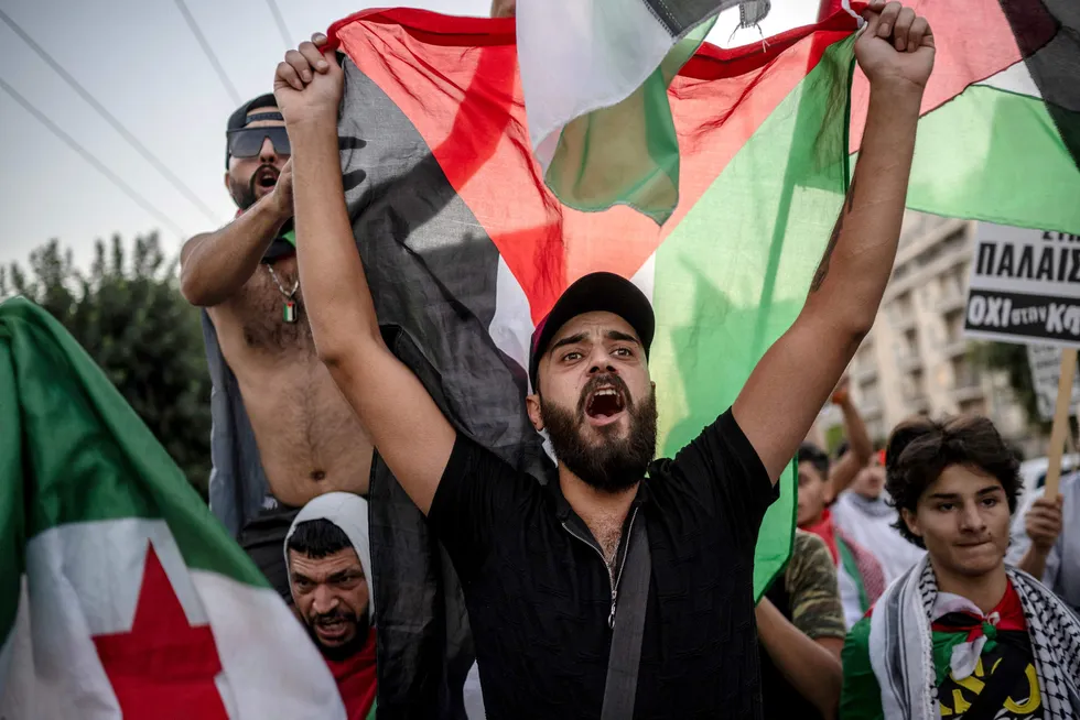 Up: protesters shout slogans and wave flags during a rally in support of Palestinians.