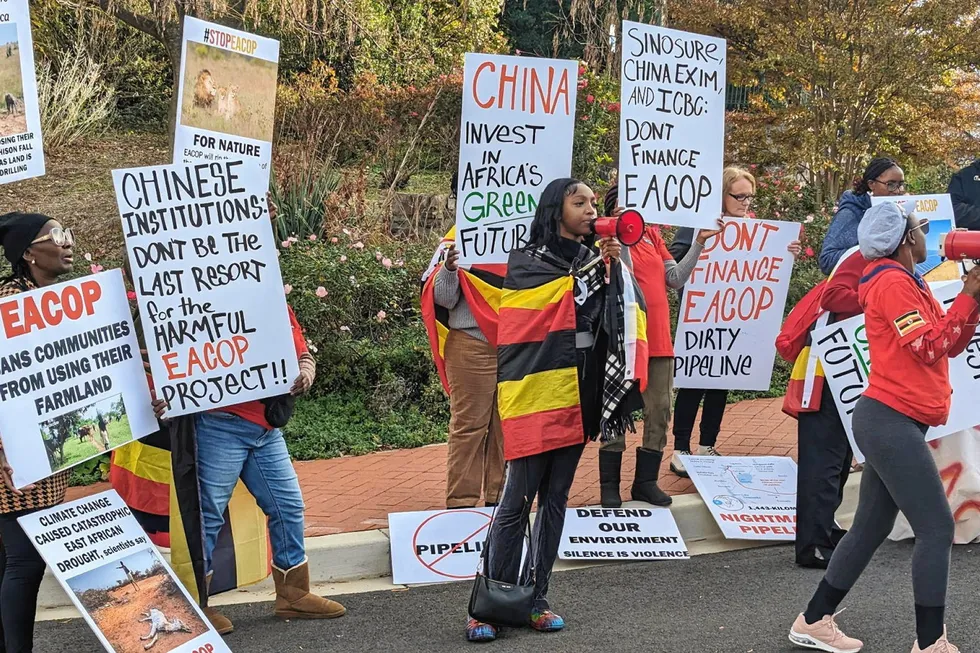 Target: Anti-EACOP protesters outside China’s embassy in Washington DC, US on 20 November.