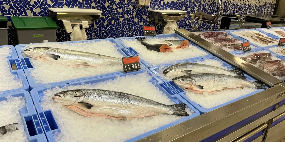 Norwegian salmon on sale in Gran Canaria, Spain.