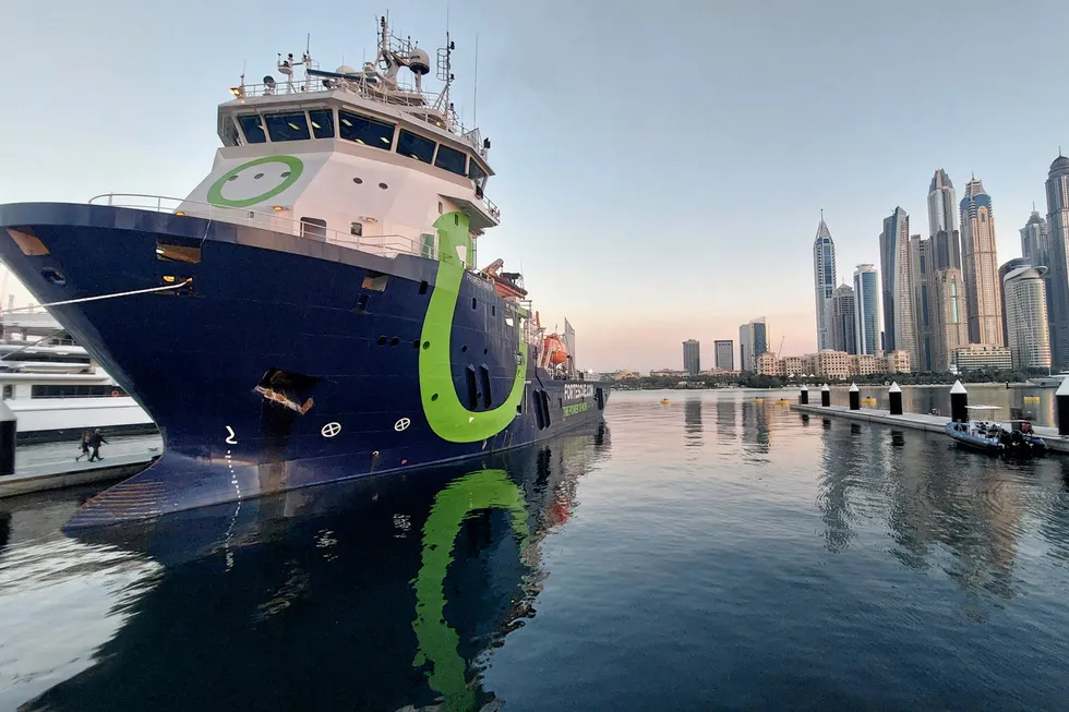 The Green Pioneer, capable of running on ammonia, moored in Dubai for the Cop28 summit.