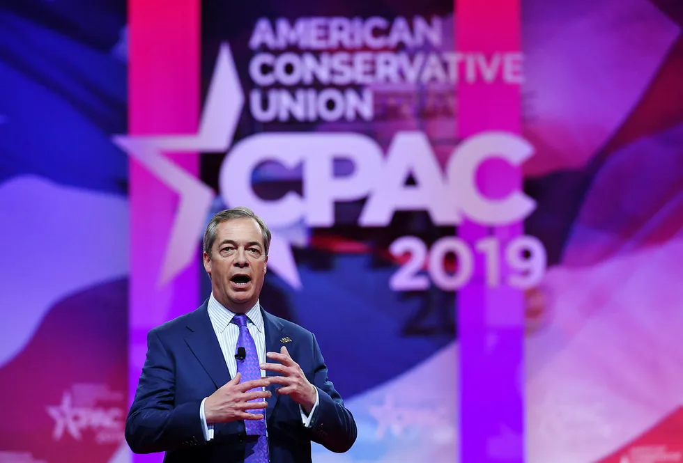 Nigel Farage, brexit-forkjemper og tidligere leder av UK Independence Party, på konferansen Conservative Political Action Conference (CPAC) i National Harbor i Maryland tidligere denne måneden.