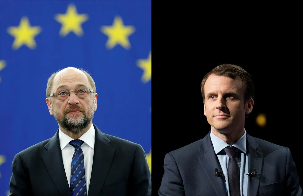 – Vi trenger å tro på Europa, elske Europa, puste Europa, sa presidentkandidat i Frankrike, Emmanuel Macron (til høyre), på et valgmøte nylig. – Den som vil ødelegge EU, vil møte meg som en energisk opponent, sa kandidat til forbundskansler i Tyskland, Martin Schulz (til venstre), ved partiets landsmøte i helgen. Foto: Christophe Morin/Bloomberg/n/Reuters/NTB Scanpix