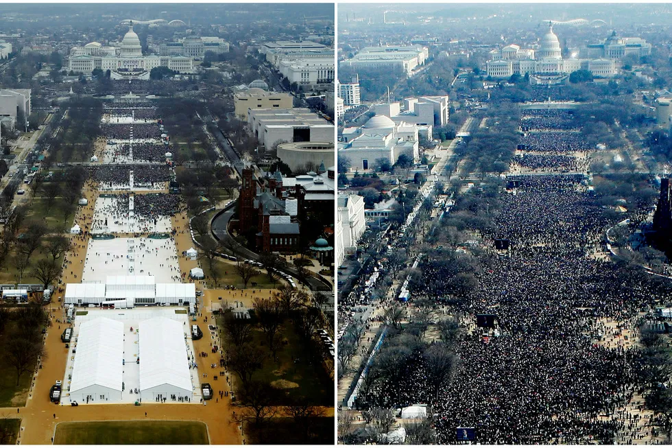 En sammenligning av folkemengdene fra innsettelsen til Donald Trump (til venstre) i år og forgjengeren Barack Obama i 2009 (til høyre), tatt mens eden leses opp klokken 12 lokal tid. Foto: Reuters/NTB scanpix