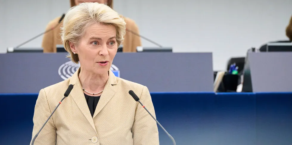 European Commission President Ursula von der Leyen addresses EU parliament.