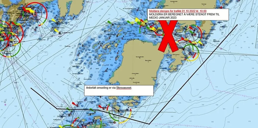 Kystverket ber sjøfarende i Lofoten være obs på stengningen av farleia i Molldøra fra 1. oktober. Det er anbefalt omseiling via Skrovasveet.