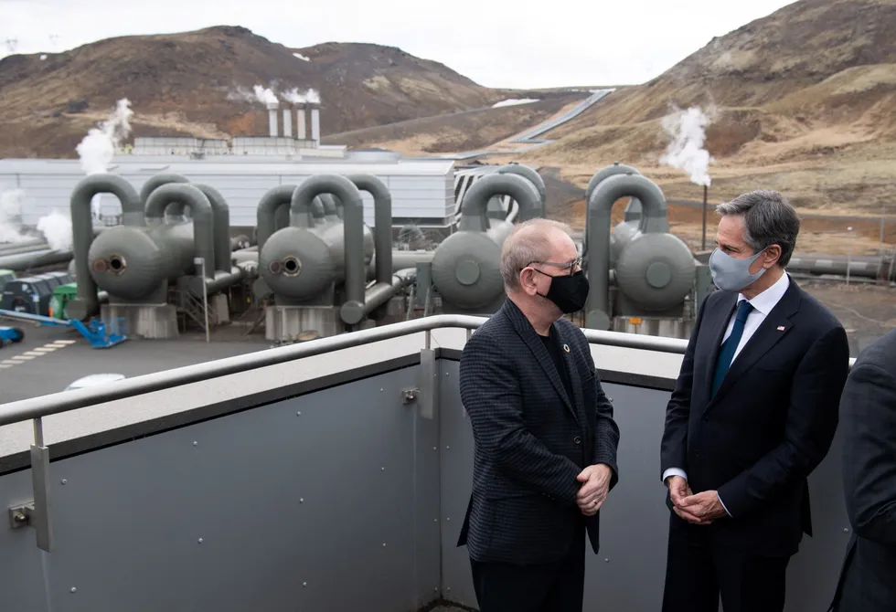 Major potential: US Secretary of State Antony Blinken speaks with Bjarni Bjarnason (left), chief executive of of Reykjavik Energy, on a tour of the Hellisheidi geothermal plant in Iceland in May 2021