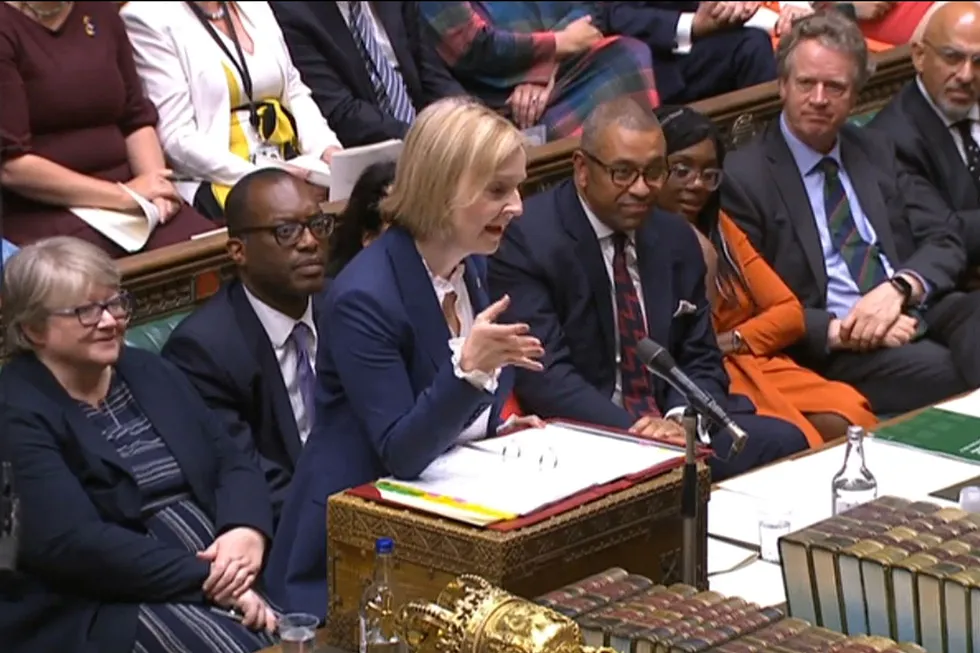 Grilled: UK Prime Minister Liz Truss (speaking), flanked by senior colleagues during her first weekly question time session at the UK parliament