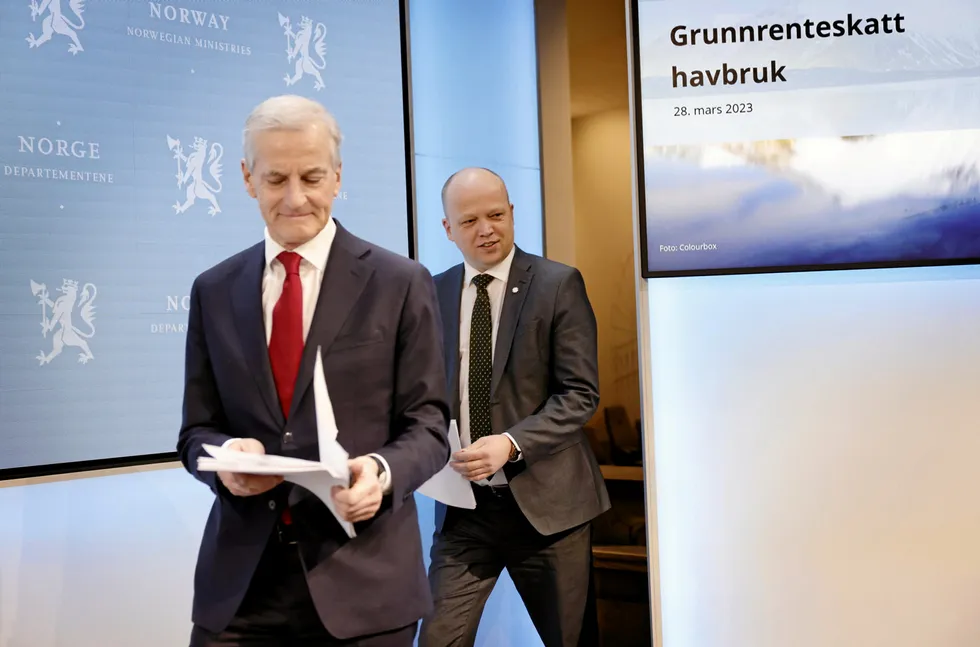 Norway's Prime Minister Jonas Gahr Store and Finance Minister Trygve Slagsvold Vedum is holding a press conference on the aquaculture tax today, March 28.