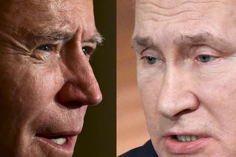 USA, hvor Joe Biden (til venstre) er president, vil i 2028 produsere dobbelt så mye olje som Russland, hvor Vladimir Putin er president.