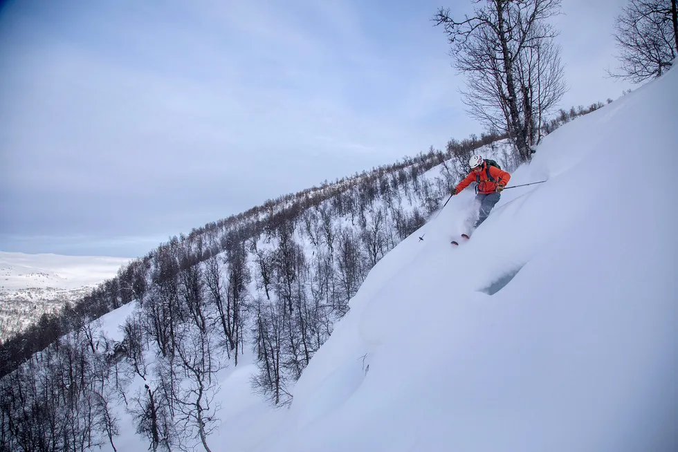 Ørjan Kongsvik Aall, leder i den norske delen av organisasjonen Protect Our Winters (POW), på ski i Hodlekveskogen i Sogndal skisenter.