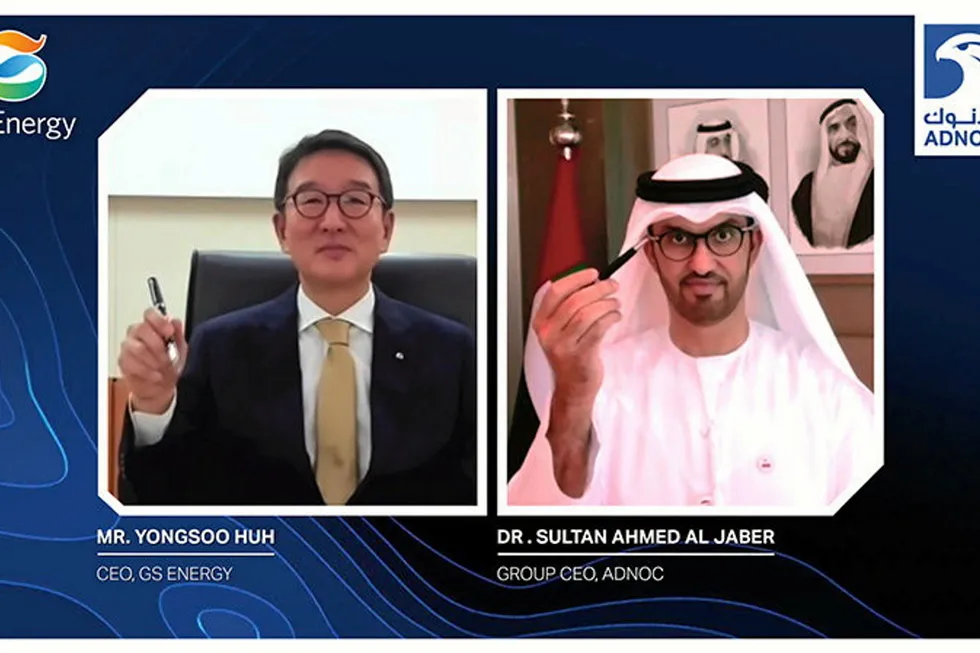 Virtual meeting: GS Energy chief executive Yongsoo Huh (left) and Adnoc chief executive Sultan Ahmed Al Jaber.