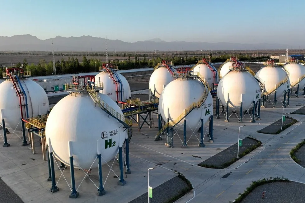 Hydrogen storage tanks at Sinopec's 260MW Kuqa green hydrogen project, the world's largest, in Xinjiang, China.