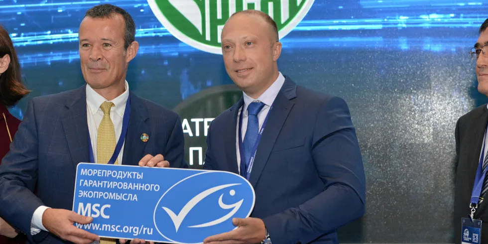 Alexey Buglak of the Russian Pollock Catchers' Association (right) with MSC CEO Rupert Howes during the award ceremony for the fishery's MSC certification. This certification is now at risk.