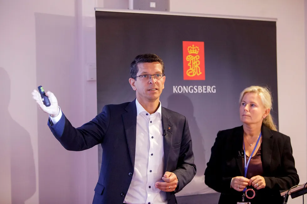Kongsberggruppen kjøper heleid statlig selskap. På bildet konsernsjef Geir Håøy og finansdirektør Gyrid Skalleberg Ingerø i Konsgberggruppen.