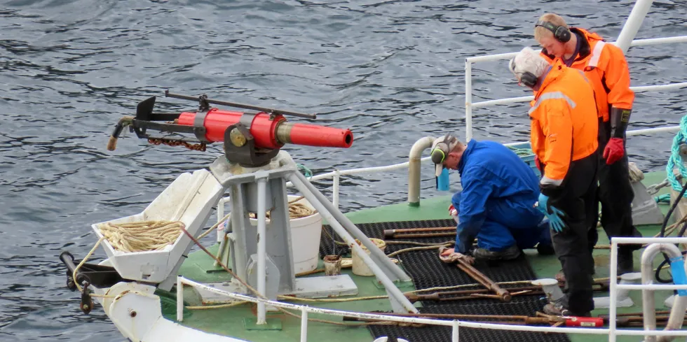 Det er ikke så ille som det kan se ut. Her vedlikeholdes utstyr til hvalfangsten på fordekket mens «Ann Brita» er i smult farvann på vei fra Finnmark til levering i Lofoten. De involverte er fra venstre skytter Bjørnar Olsen, skipper Frank Olsen og mannskap David Paulsen.