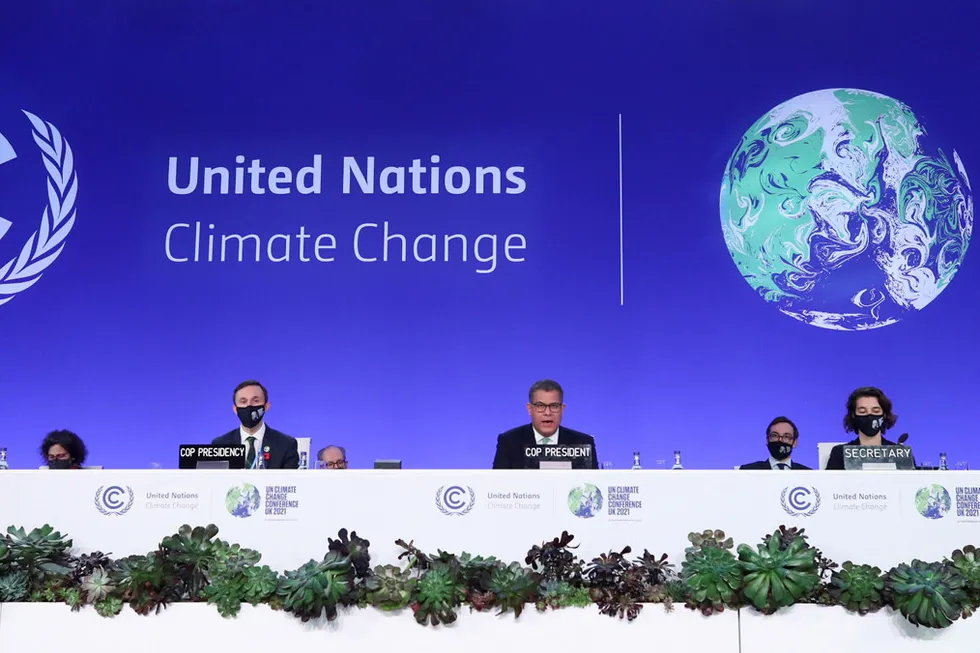 Centre stage: COP26 President Alok Sharma speaks at the UN Climate Change Conference (COP26) in Glasgow on 13 November