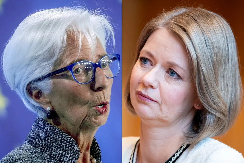 ECB-sjef Christine Lagarde (til venstre) og Norges sentralbanksjef Ida Wolden Bache.