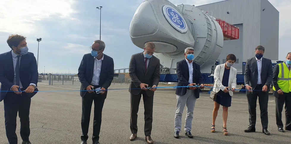 Senior executives from EDF, Enbridge cut ribbon on first Saint-Nazaire offshore wind farm turbine