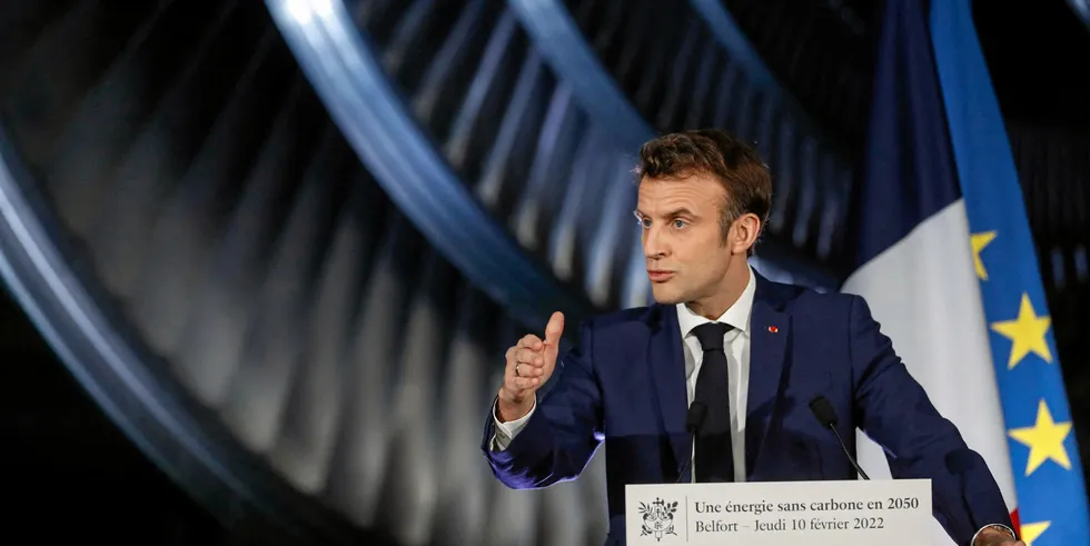 French President Emmanuel Macron speaking at a factory producing turbines for nuclear reactors in Belfort, eastern France