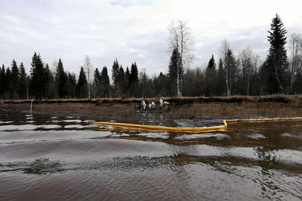 Pollution: oil clean-up effort seen near the mouth of the Kolva river in the north of Russia