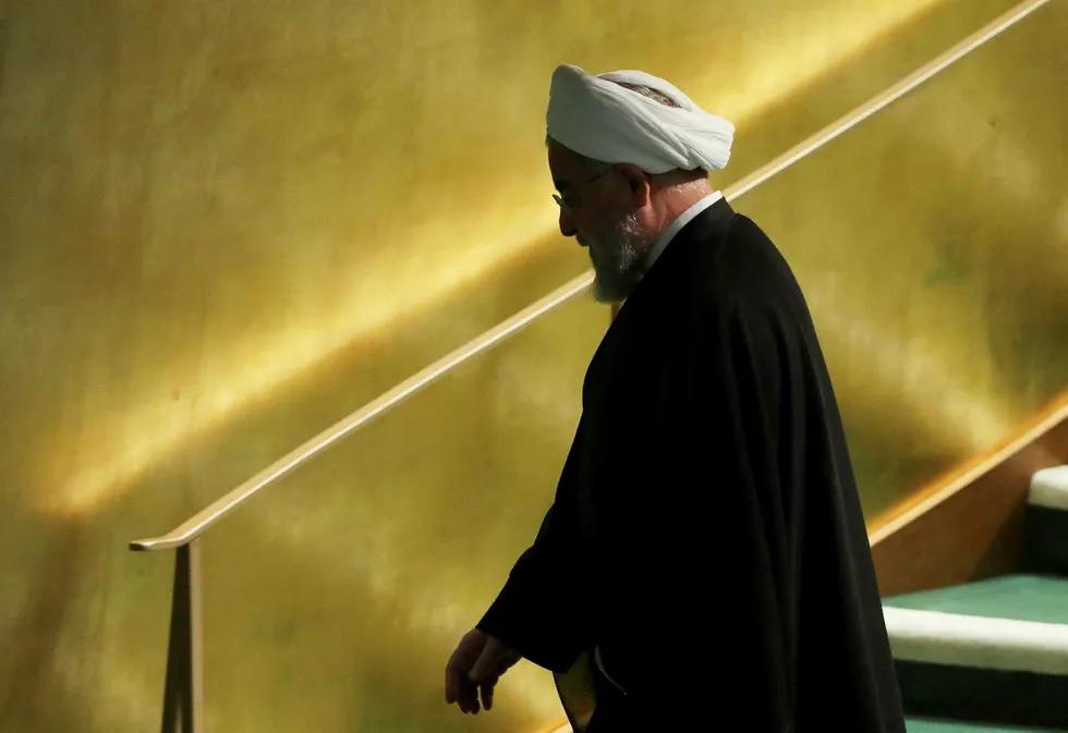 Irans president Hassan Rouhani talte i FN mandag.