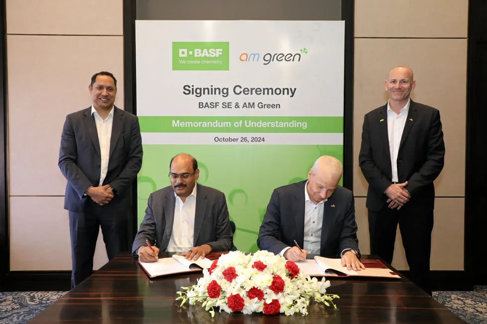 (L-R) Gautam Reddy Kumbam (CEO, AM Green Ammonia); Mahesh Kolli (group president, AM Green); Markus Kamieth, (chairman of the board of executive directors, BASF); and Alexander Gerding (managing director, BASF India).