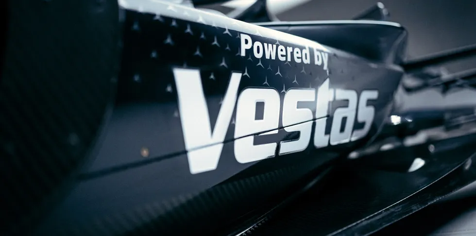A Vestas-sponsored Formula E Mercedes Benz electric racing car.