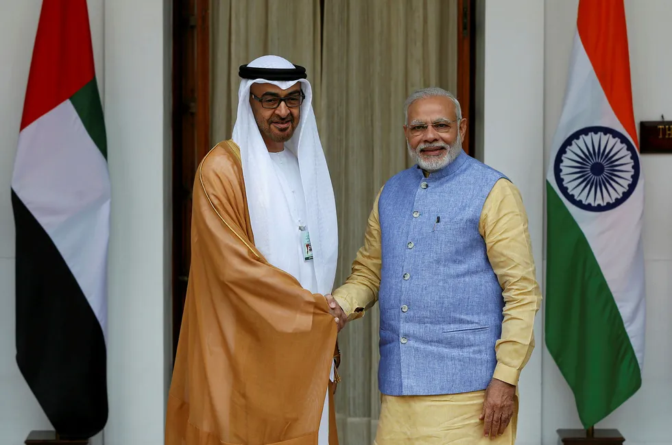 Breakthrough: Crown Prince of Abu Dhabi Sheikh Mohammed bin Zayed al-Nahyan (left) and India’s Prime Minister Narendra Modi