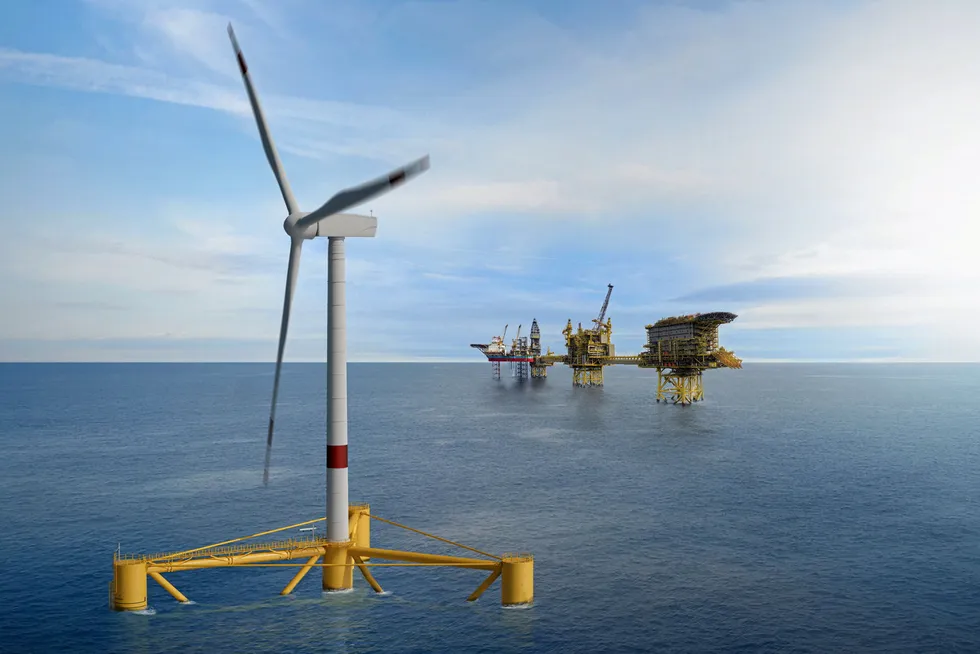 Rendering of TotalEnergies floating wind pilot at UK oil & gas field.