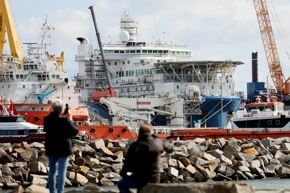 Upgrade completed: Russian pipelaying vessel Akademik Chersky (centre) undergoing upgrades to fit for Nord Stream 2 job in the German port of Mukran in September