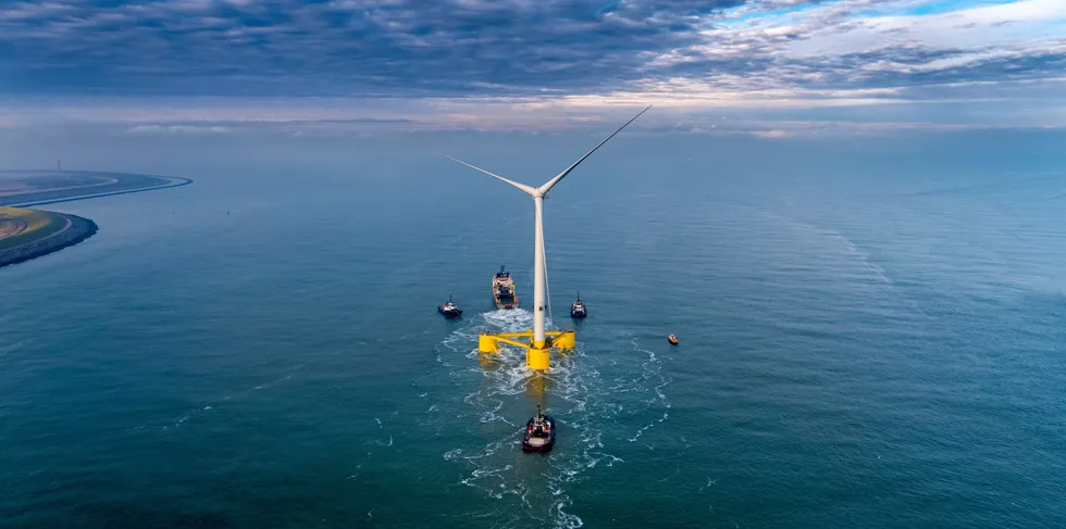 One of the floating wind units in tow-out during construction of the world's biggest array, the 50MW Kincardine, off Scotland