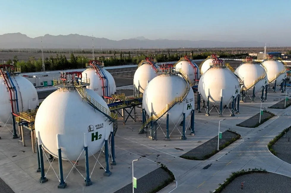 Hydrogen storage tanks at Sinopec's 260MW Kuqa green hydrogen project, the world's largest, in Xinjiang, China.