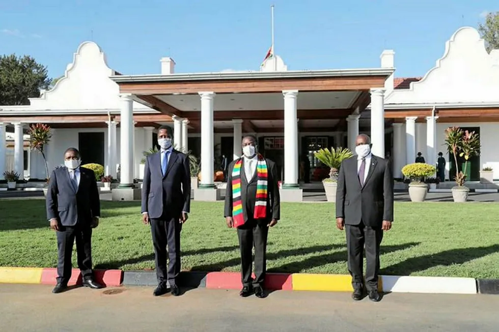 Meeting: SADC Summit in Harare in May 2020 was attended by (left to right) the presidents of Mozambique (Filipe Nyusi), Zimbabwe (Emmerson Mnangagwa), Zambia, (Edgar Lungu) and Botswana (Mokgweetsi Masisi)
