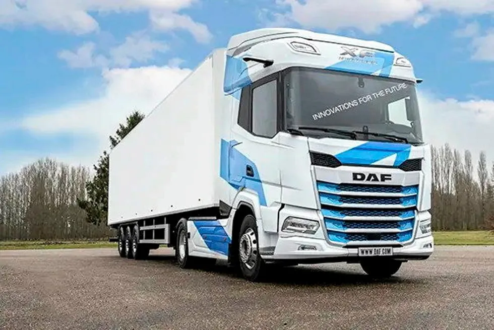 Prototype truck made by UK firm DAF, fitted with a hydrogen combustion engine. The model is not expected to reach production for at least three years.