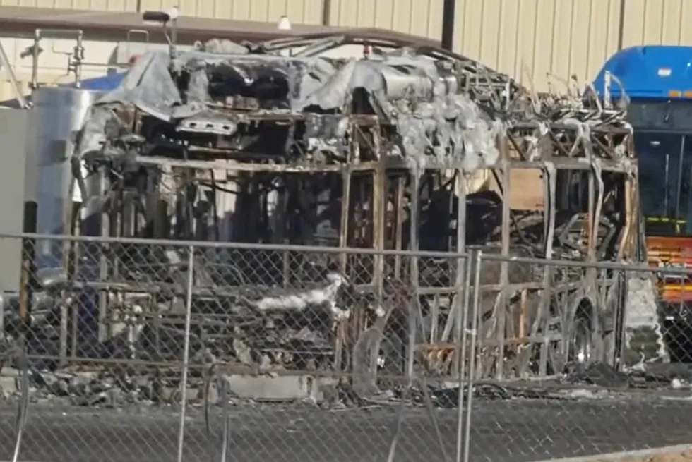The charred remains of the Xcelsior CHARGE FC bus that caught fire in Bakersfield, California, last week.