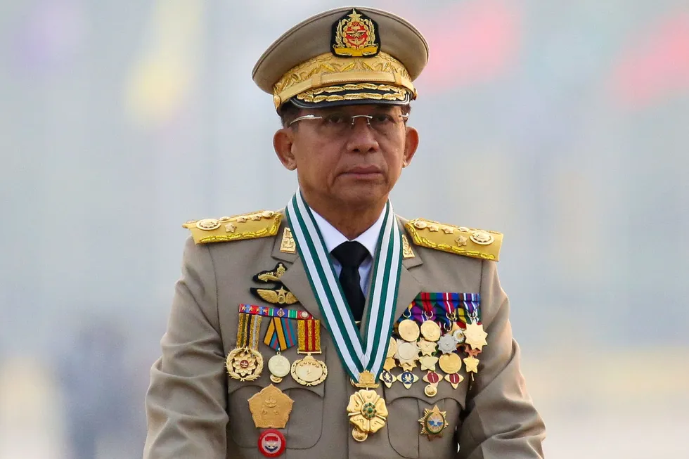 Unelected: Myanmar's junta chief Min Aung Hlaing, who ousted the democratically voted-in government in February 2021.