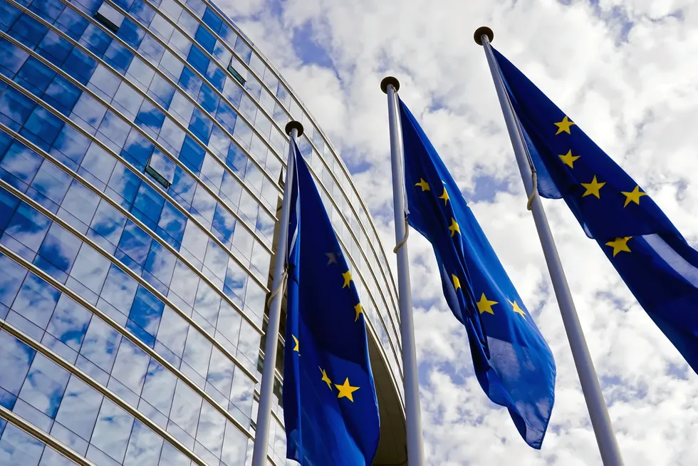 EU flags outside the European Commission.