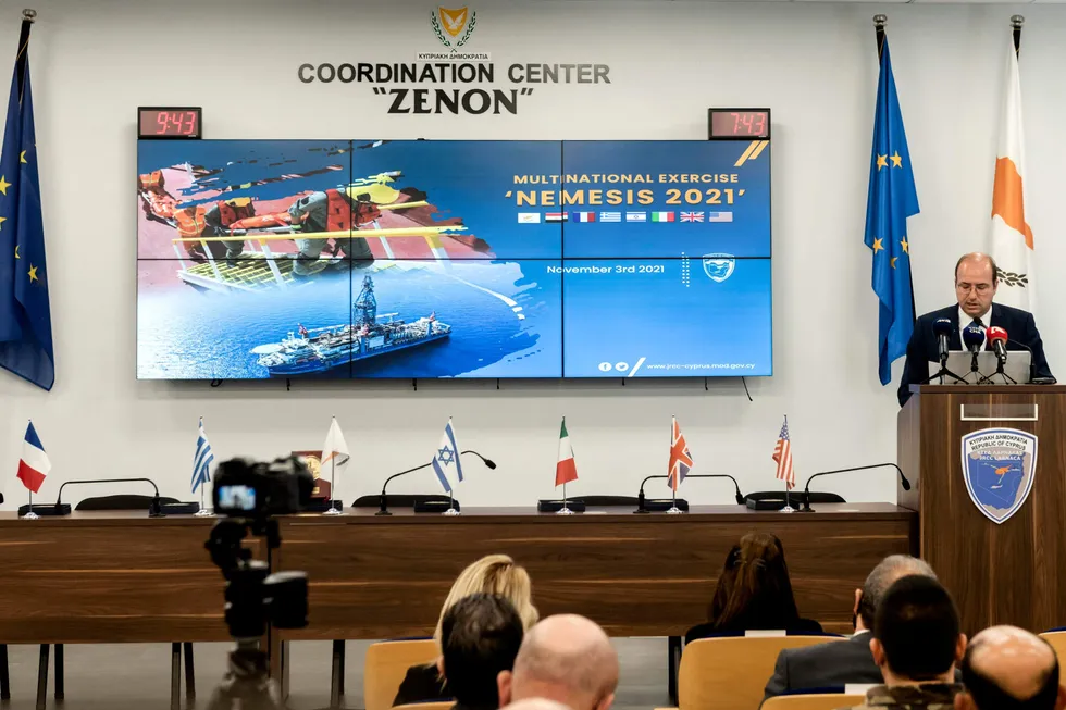 Nemesis: Cyprus Defence Minister Charalambos Petrides gave a speech on 3 November in Larnaca, Cyprus during a large scale naval exercise involving eight nations and which was designed to tackle any emergency on a drilling rig